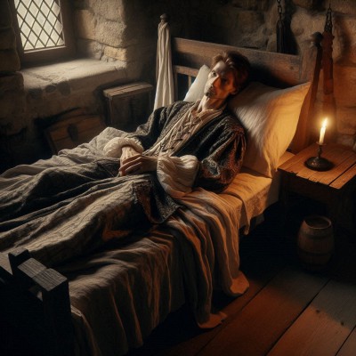 sehr sehr  dünner mittelalter Mann mit mittelalterlicher Kleidung in einem alten Bett liegend mit ei.jpeg